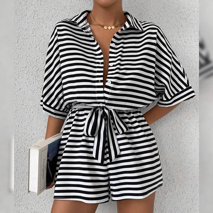 UNISHE - Wholesale Romper - Women's - Summer Striped Lapel Button-Up Belted Shorts Romper AXR1298