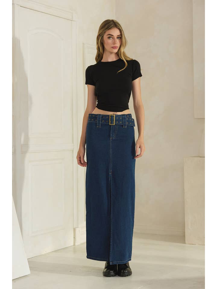 Denim MB1400- Jupe taille basse en jean à boucle sur le devant en vente sur Faire