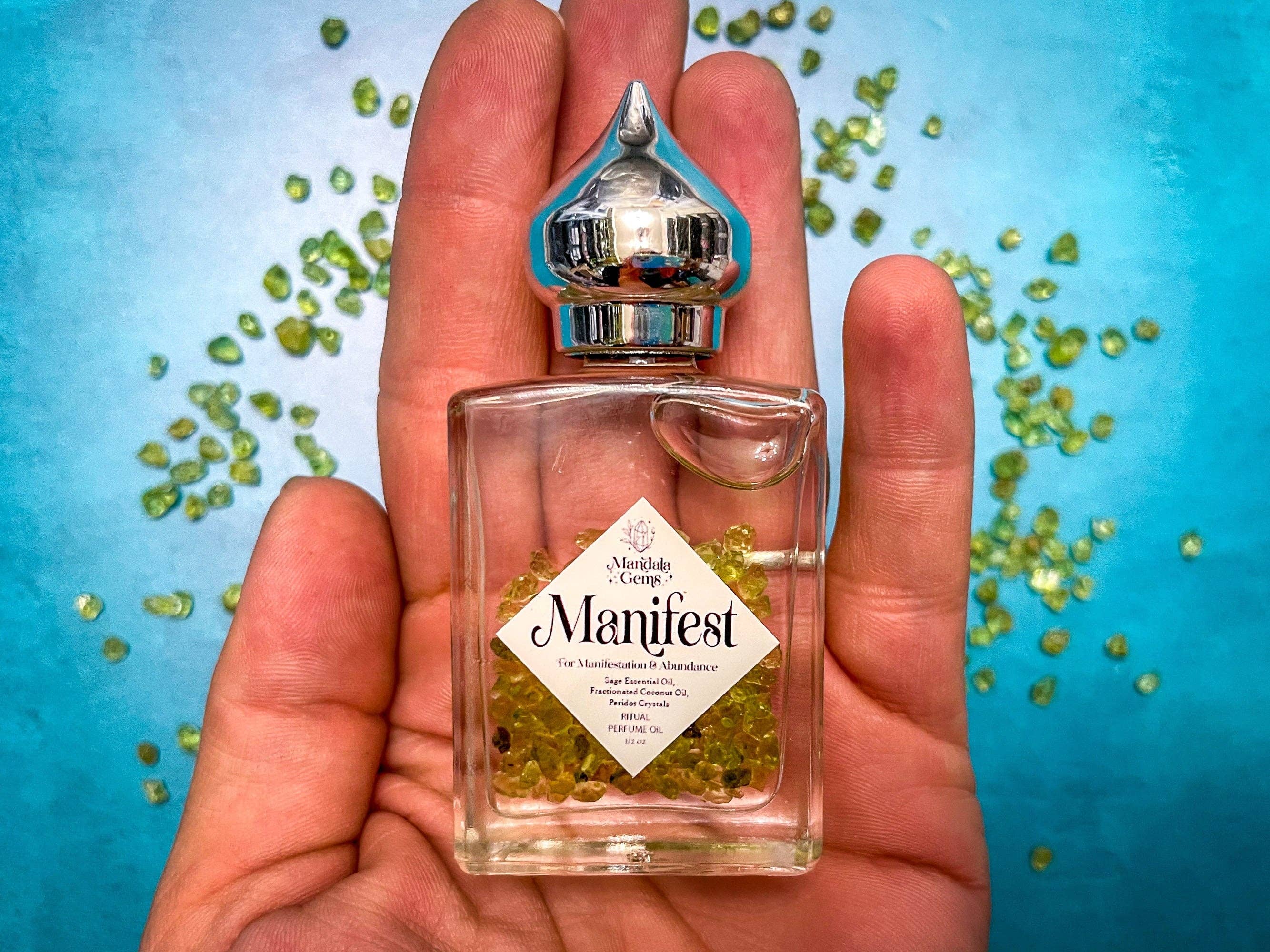 Mandala Gems – Engroshandel Duftolie – MANIFEST parfumeolie til MANIFESTATION med peridot + salvie æterisk olie1