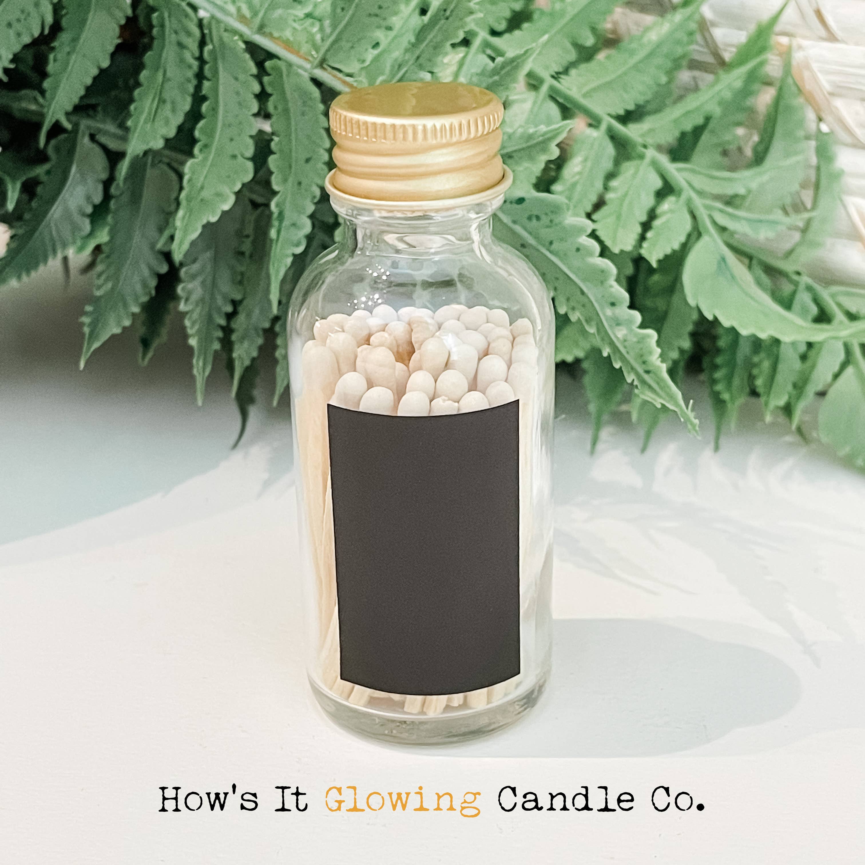 How's It Glowing Candle Co. - Vente Allumettes - Bouteille d'allumettes en verre avec bouchon doré | 50 allumettes de 1,9 po | Sans étiquettes5