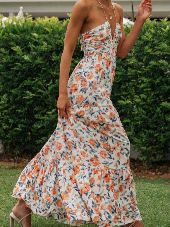 Rosa Clothing - Wholesale Dress - Women's - Plunge halter backless floral swing maxi sun dress