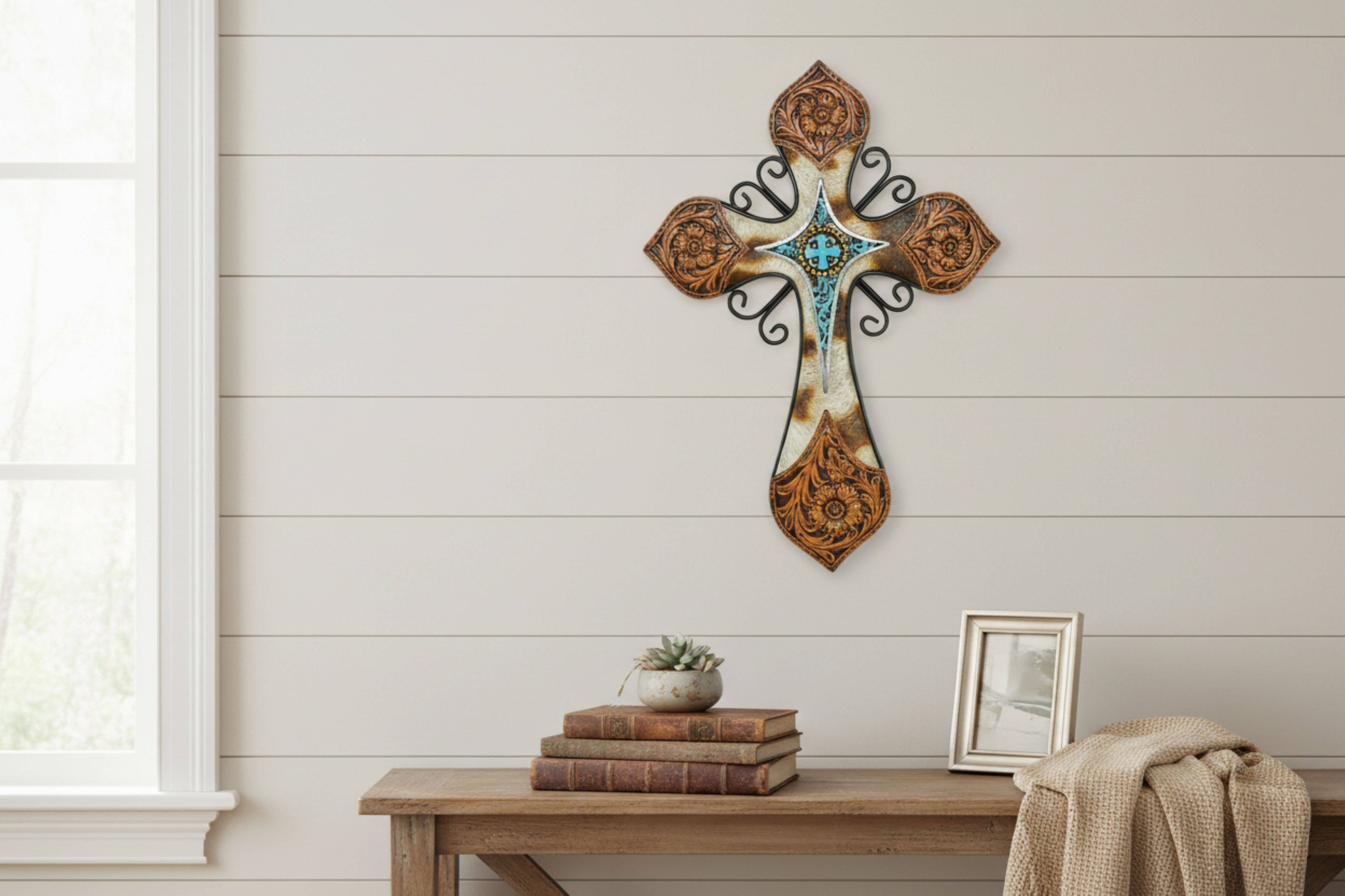 De Leon Collections - Wholesale Wall Cross - Resin Tooled Leather Cow Hide Turquoise Accent Cross Décor0