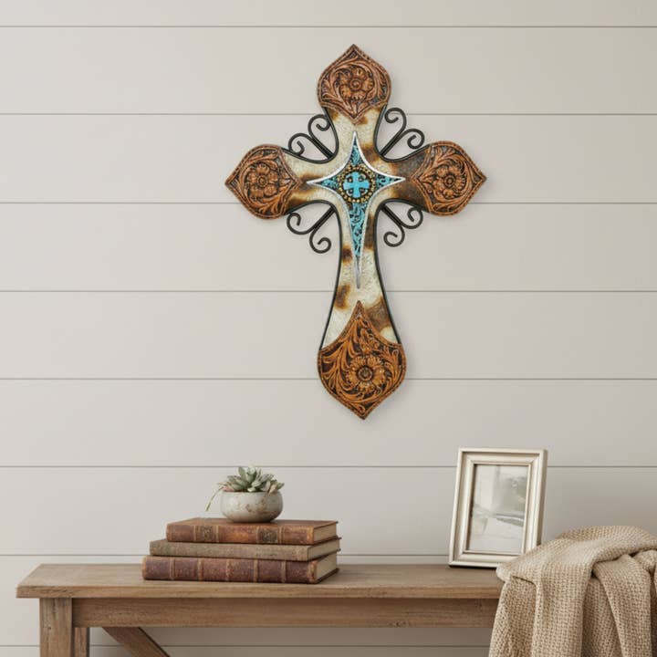 De Leon Collections - Wholesale Wall Cross - Resin Tooled Leather Cow Hide Turquoise Accent Cross Décor0