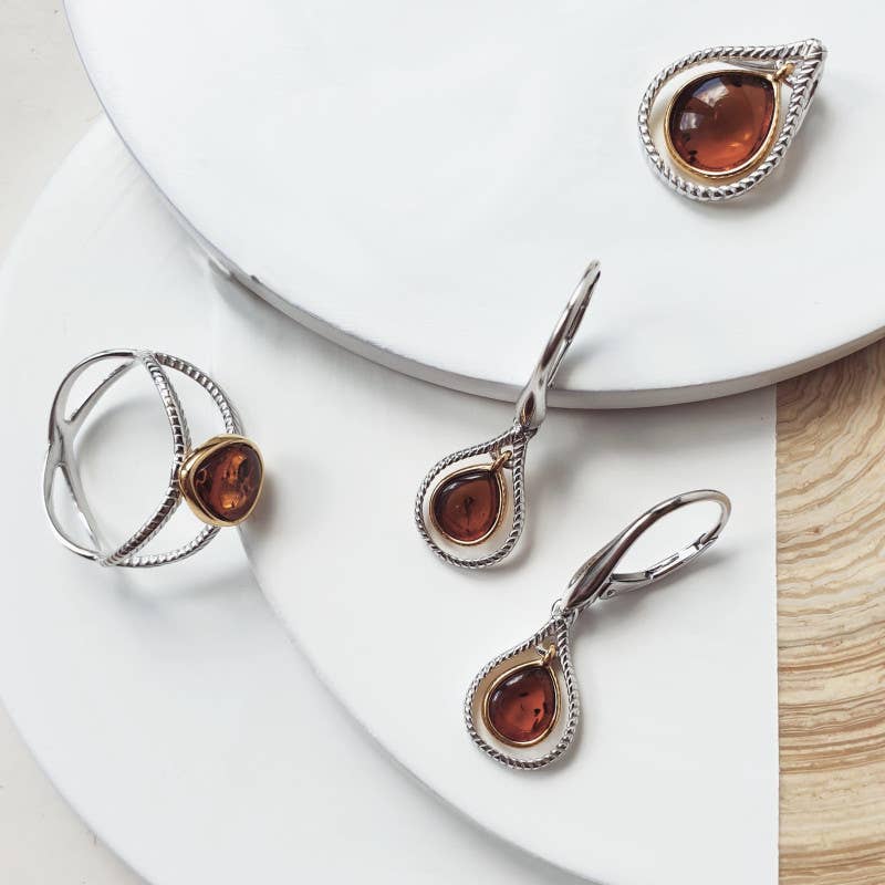 Cognac Boucles d'oreilles goutte ambre cognac naturel, argent 925 en vente sur Faire2