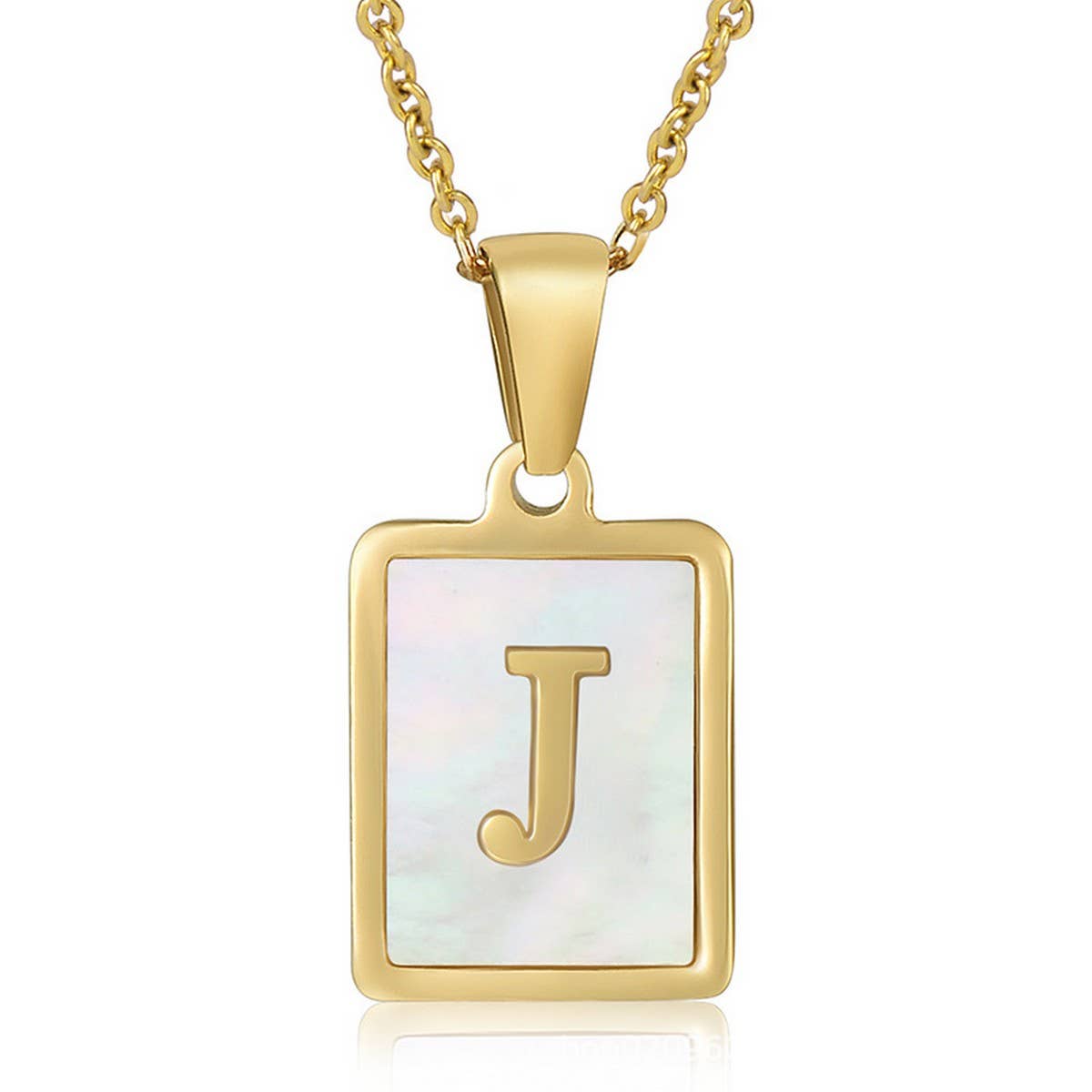 NINEXIS - Wholesale Pendant/Charm Necklace - CWAJE1917_Square Stainless Steel White Shell Letter Necklace10