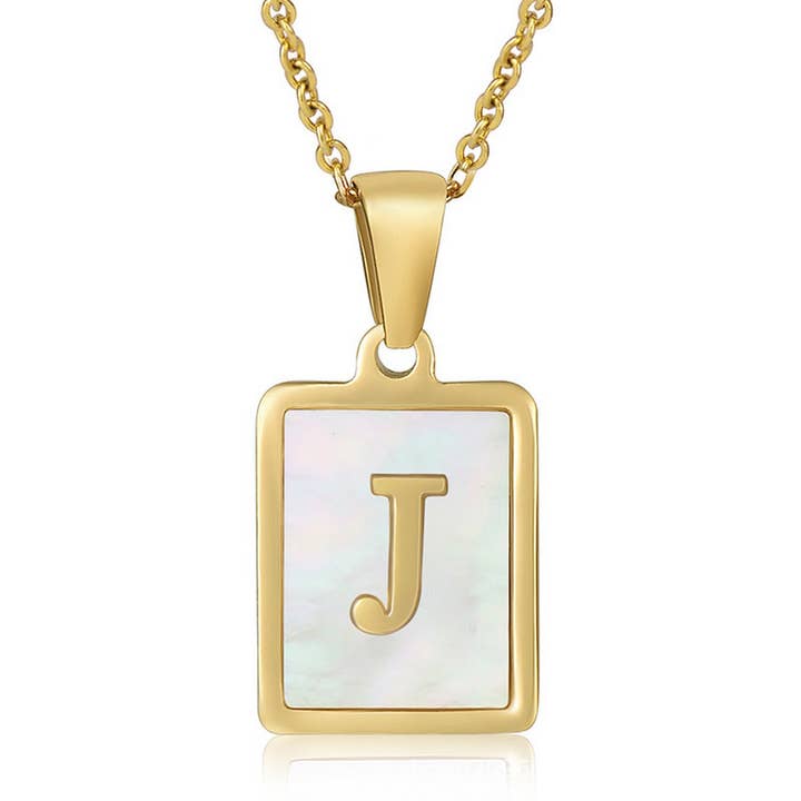 NINEXIS - Wholesale Pendant/Charm Necklace - CWAJE1917_Square Stainless Steel White Shell Letter Necklace10