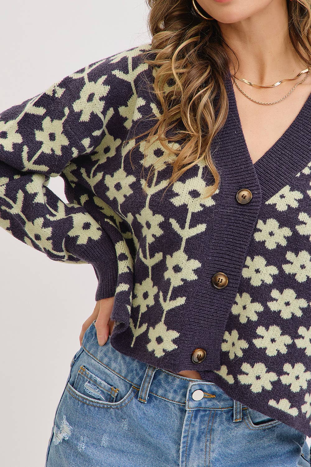 NAVY COZY PLAYFUL CASUAL FLORAL PRINT SWEATER KNIT CARDIGAN for wholesale on Faire6