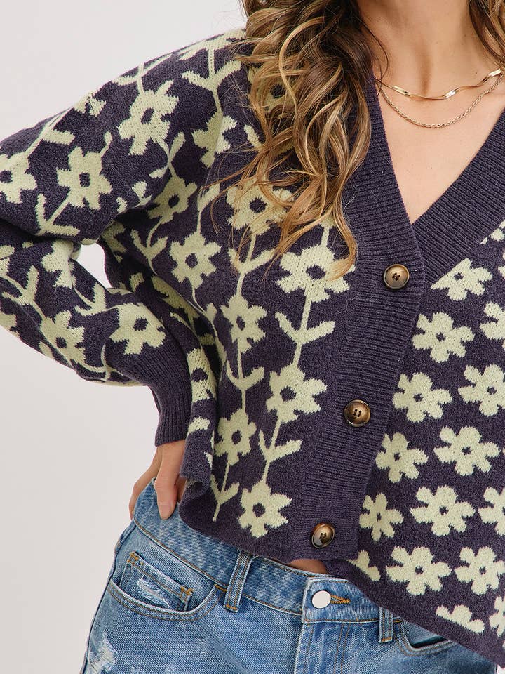 NAVY COZY PLAYFUL CASUAL FLORAL PRINT SWEATER KNIT CARDIGAN for wholesale on Faire6