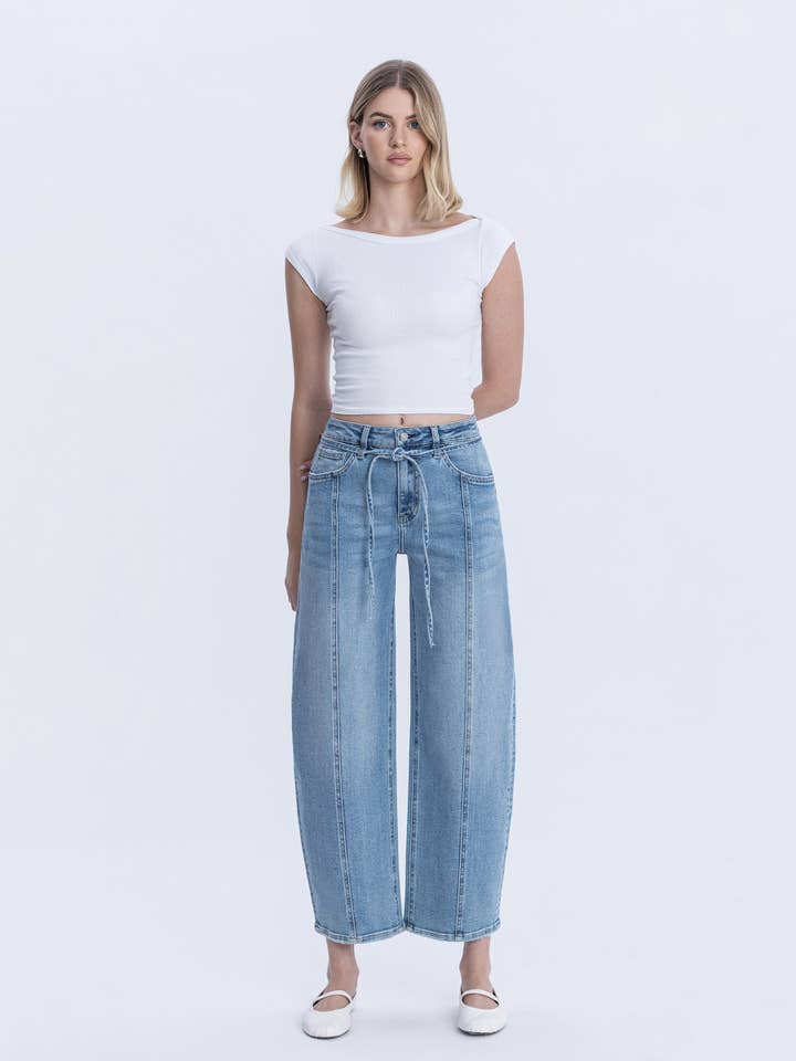 HIGH RISE WAIST TIE CROP WIDE BARREL JEANS LV1896 for wholesale by Lovervet by VERVET