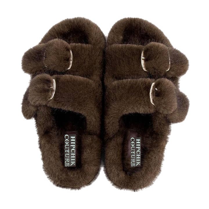 Faux Luxe Fur Sandals Brown for wholesale by Hipchik
