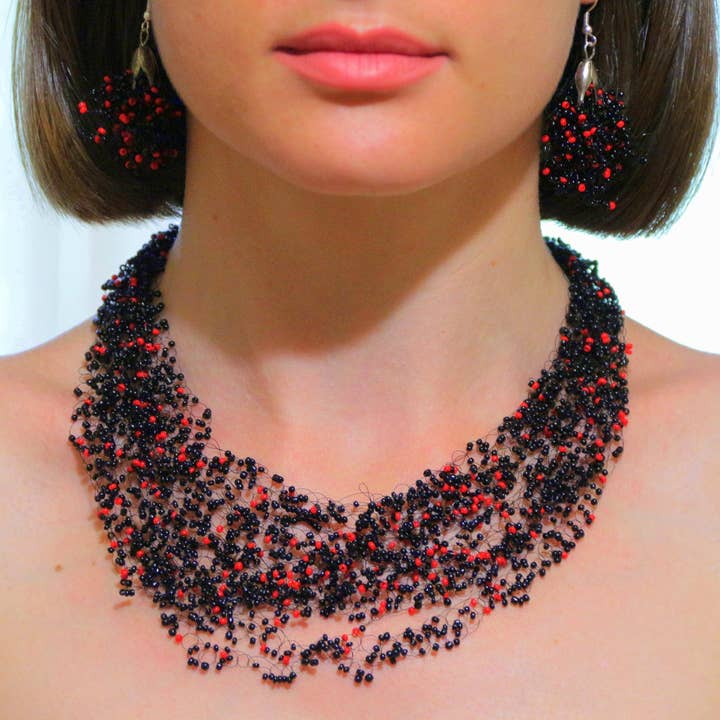 Black And Red Beaded Bib Multistrand Necklace Festival Airy for wholesale by SomeBijoux4You