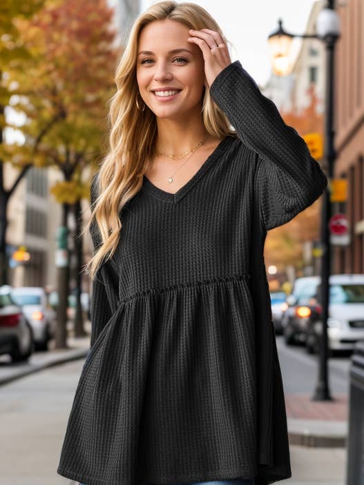 HEIMISH - Wholesale Tunic - Women's - ET6940-10 HOOD SOLID WAFFLE BABYDOLL TOP WITH RUFFLED0