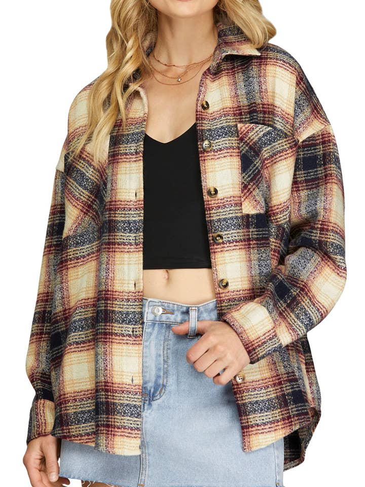 Long Sleeve Button Down Plaid Shacket for wholesale by Vanilla Monkey