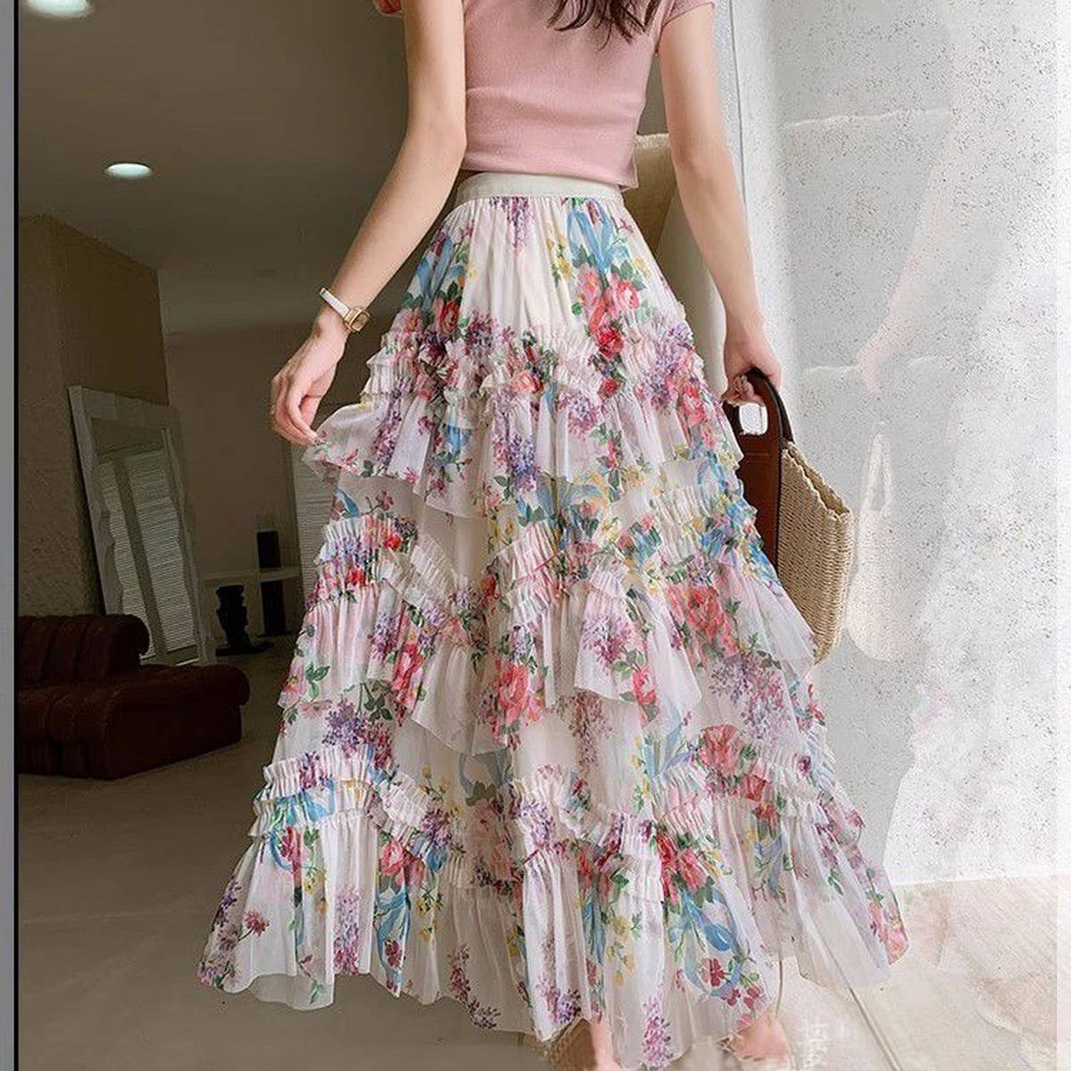 ACCITY - Wholesale Skirt - Women's - COLORFUL FLORAL MESH PRINT PLEATED TULLE SKIRT_CWBLS039928