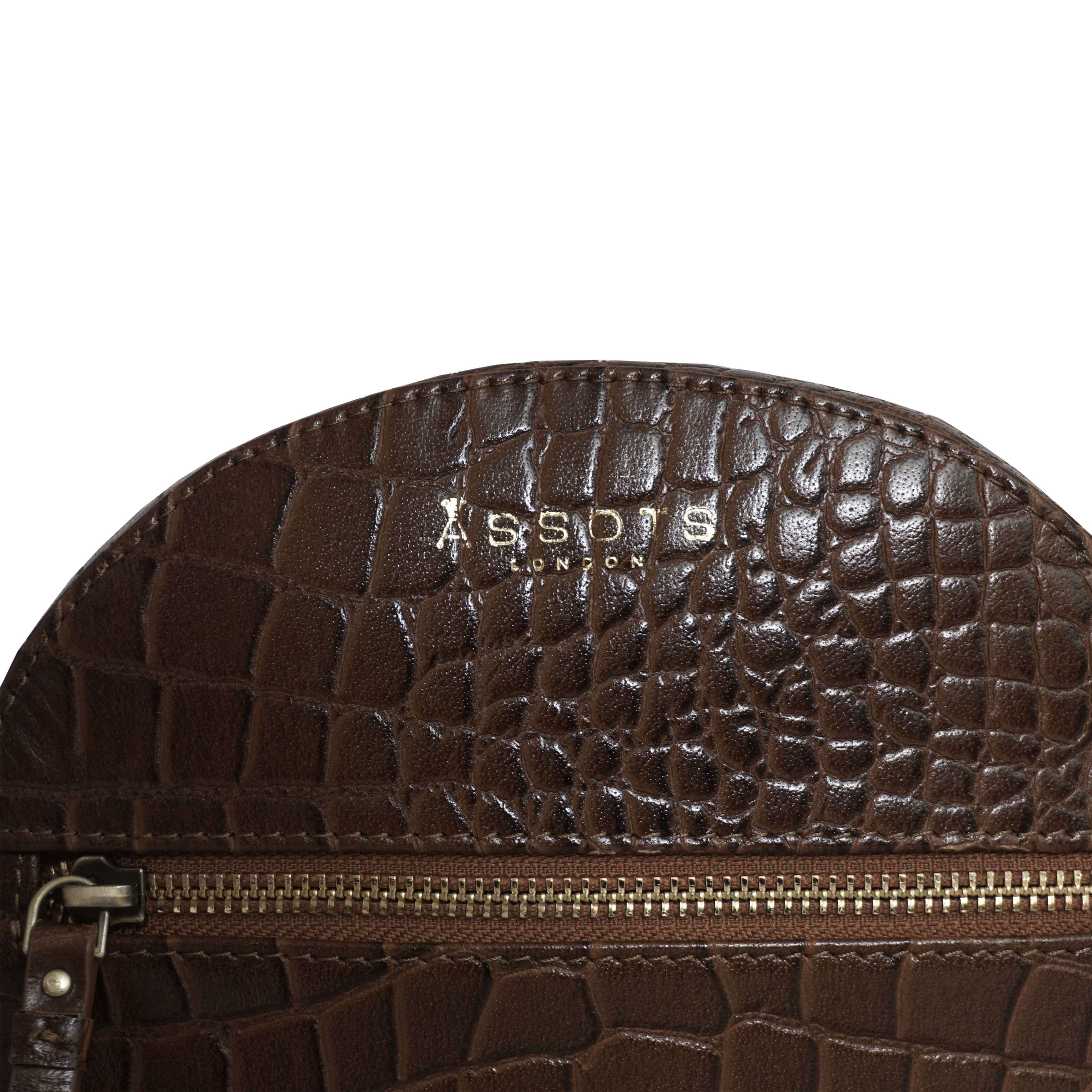 Assots London - Wholesale Crossbody Bag - Women's - 'Jane' Dark Tan Croc Leather Round Designer Crossbody Bag2