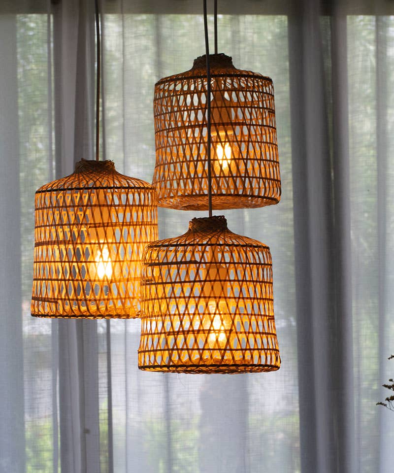 Lanna Passa - Wholesale Chandelier/Hanging Light - Woven Basket Bamboo Pendant Lights - Triple Cluster Canopy0