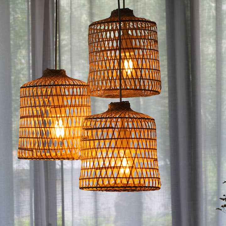 Lanna Passa - Wholesale Chandelier/Hanging Light - Woven Basket Bamboo Pendant Lights - Triple Cluster Canopy