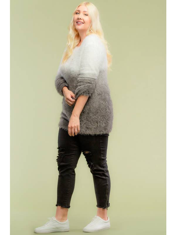 Doe and Rae - Wholesale Tunic Sweater - Women's - Dip Dye Plus Furry Sweater - 8346TPL