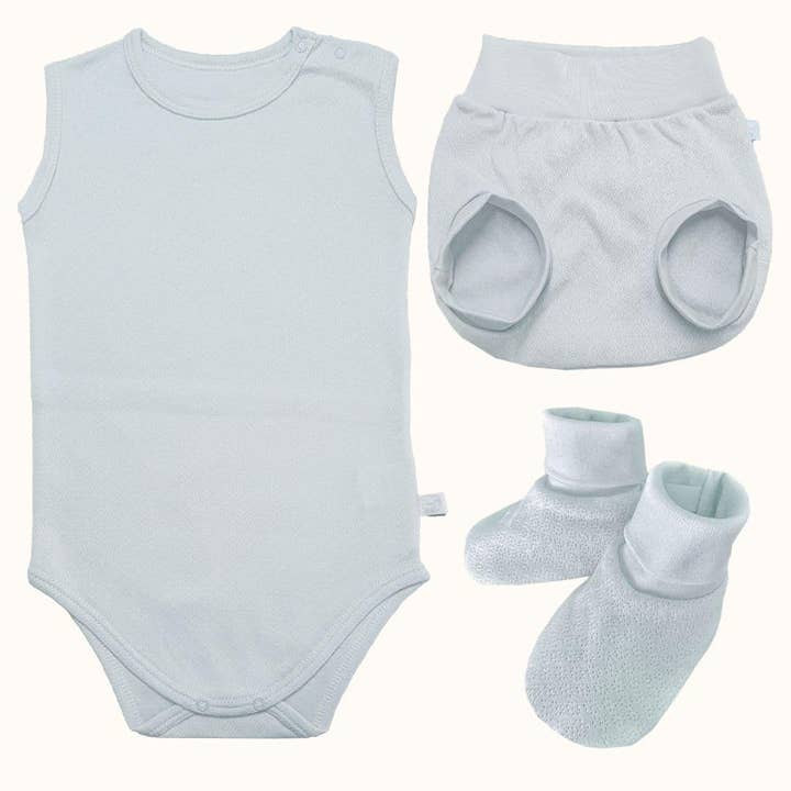 Soft Moves Set: Sleeveless Bodysuit, Diaper Cover, and Blue Booties for wholesale by Pim-Pam-Pum