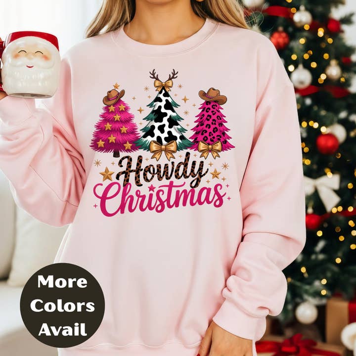 Epic Life - Designed - Wholesale Screen Printed T-Shirt - Women's - Howdy Christmas Shirt or Sweatshirt – Western Cowgirl Christmas Trees Top – Small-4XL Plus Size – Multiple Colors2