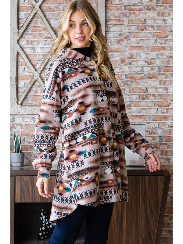 TAUPE MULTI EJ6401-23 AZTEC PRINT BUTTON DOWN CARDIGAN for wholesale on Faire