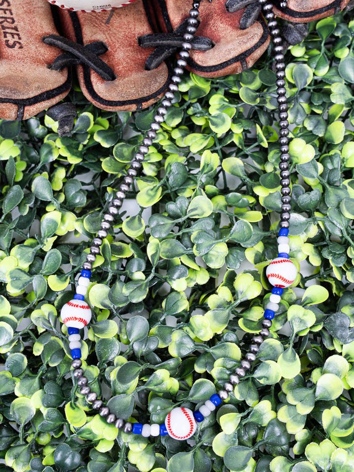 Blue & White Baseball Silver Pearl Necklace for wholesale by Wholesale Accessory Market