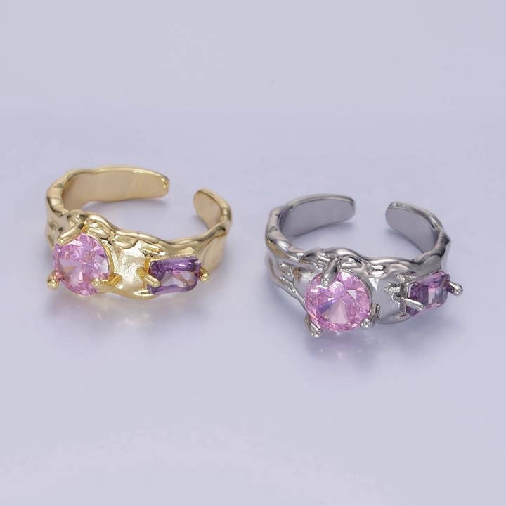 Bague martelée en or rempli 14K avec CZ rose violet en or et argent | O1329 O1330 pour la vente par Aim Eternal