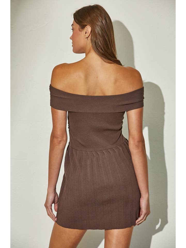 Edit by Nine - Wholesale Dress - Women's - Off Shoulder Ribbed Knit Pleated Mini Dress6