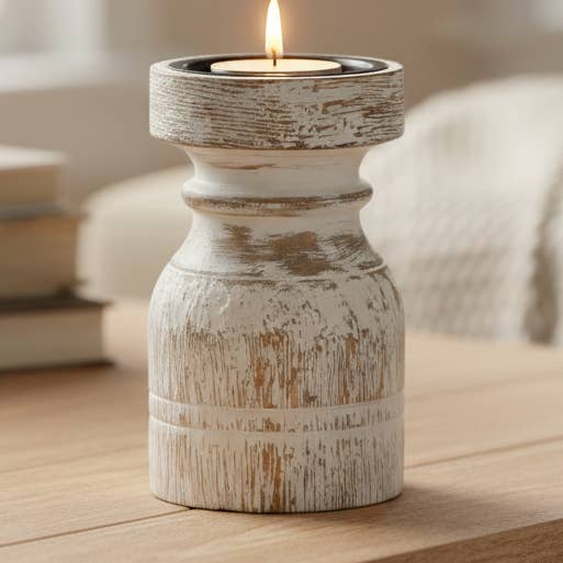 Candle Holder | Hand Carved Wooden Pillar Candle Stand | 6" for wholesale by ExpoBazaar