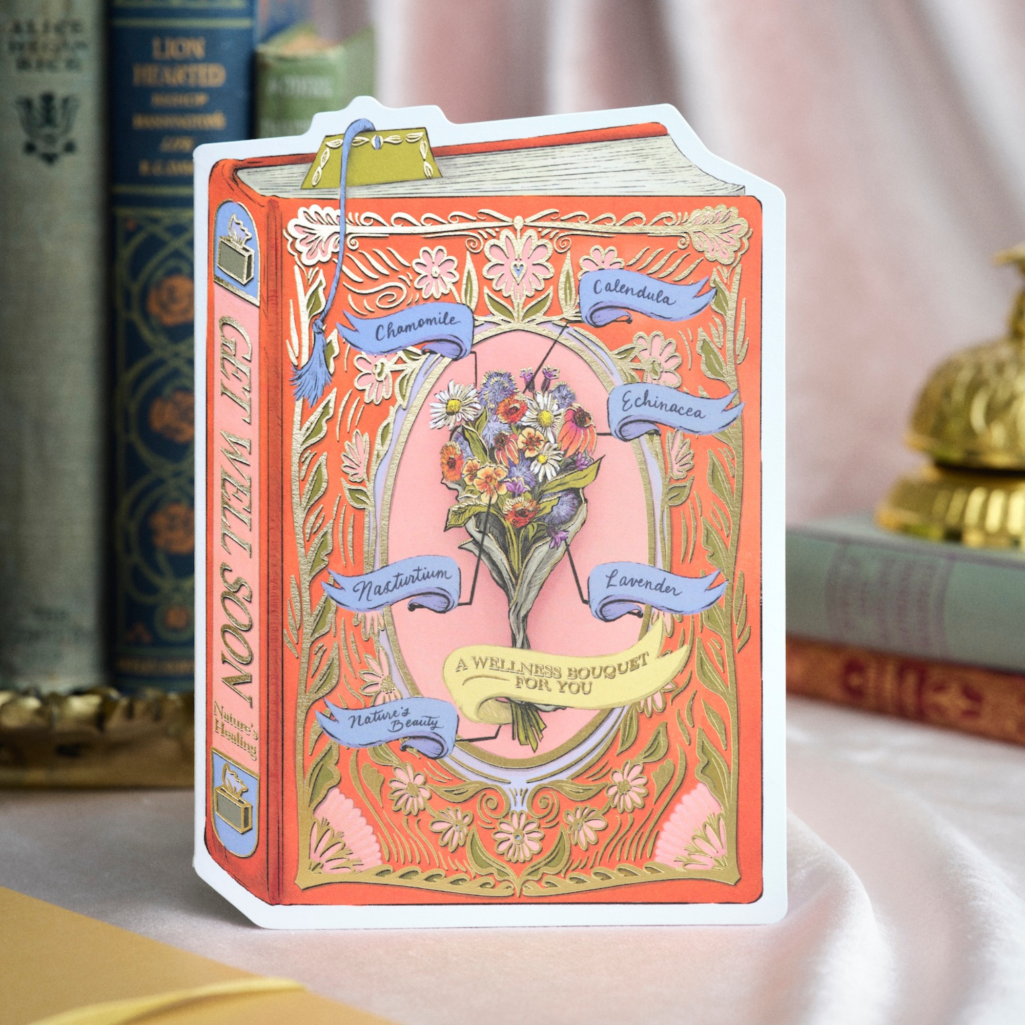 Good Juju Ink – postal de desejos de melhoras por atacado – Cartão Recortado de Capa de Livro com Bouquet de Melhoras0