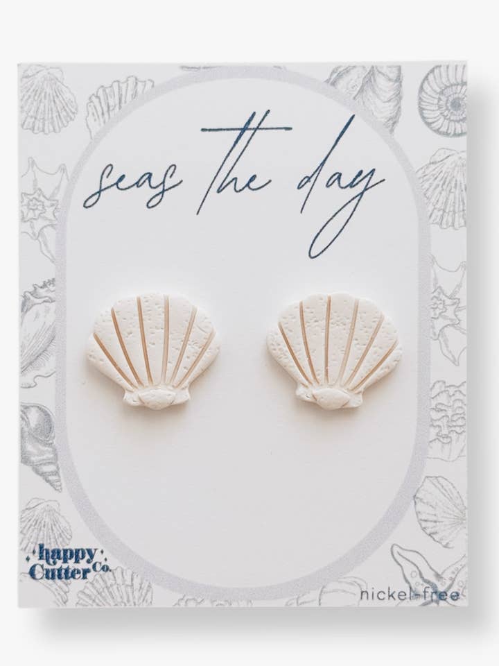 White Beach Earrings | White Shell Clay Studs | Beach Gift for wholesale by Happy Cutter Co