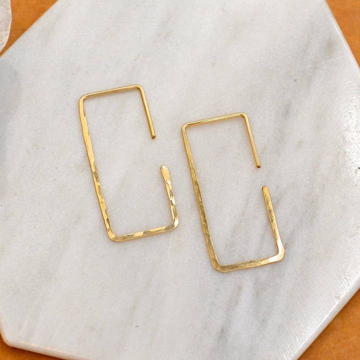 Mast Hoop Earrings - 14K gold shimmering hammered rectangle hoop earrings for wholesale by Foamy Wader