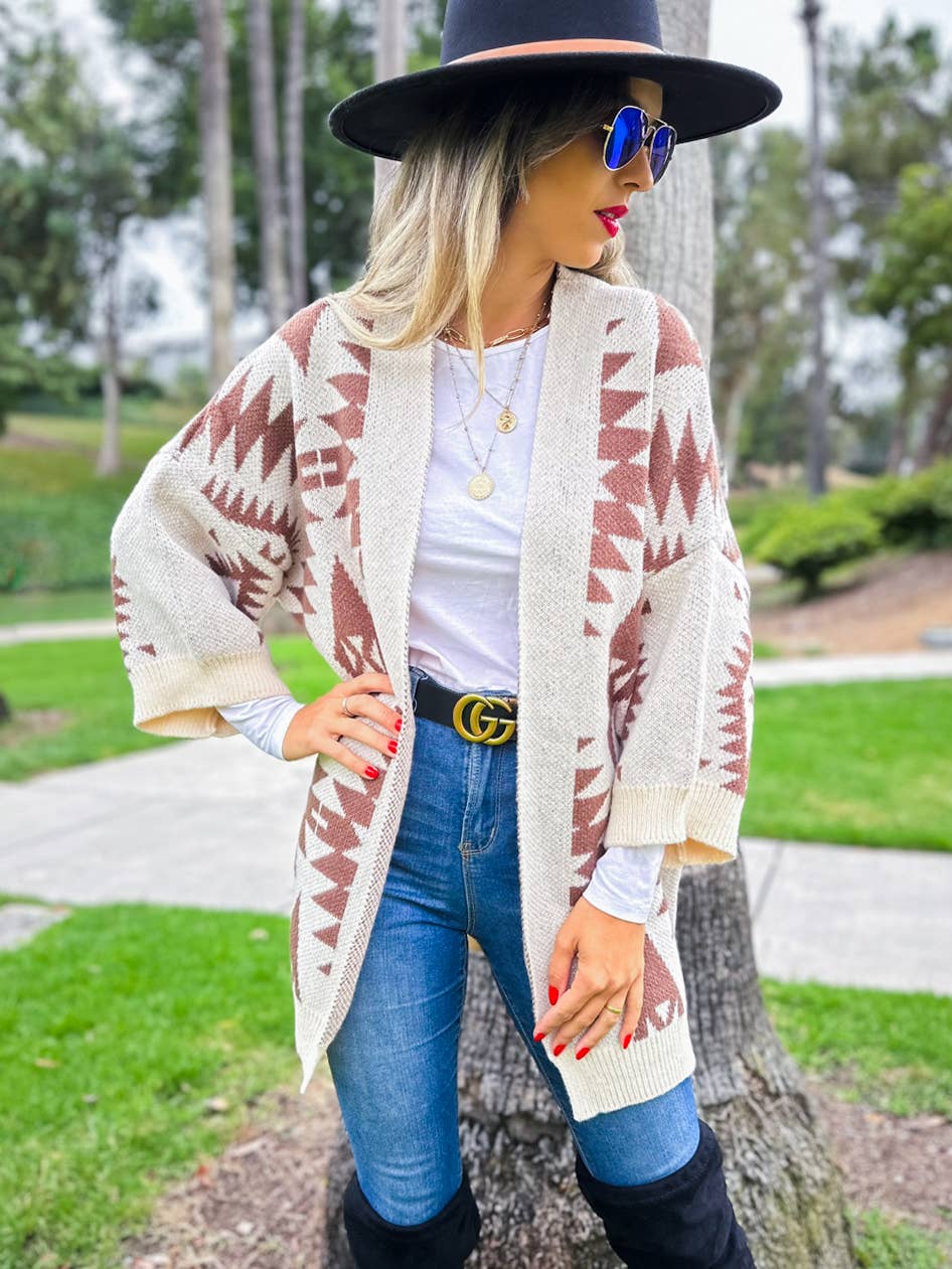 Brown Open Front Aztec Printed Knitted Cardigan for wholesale on Faire4