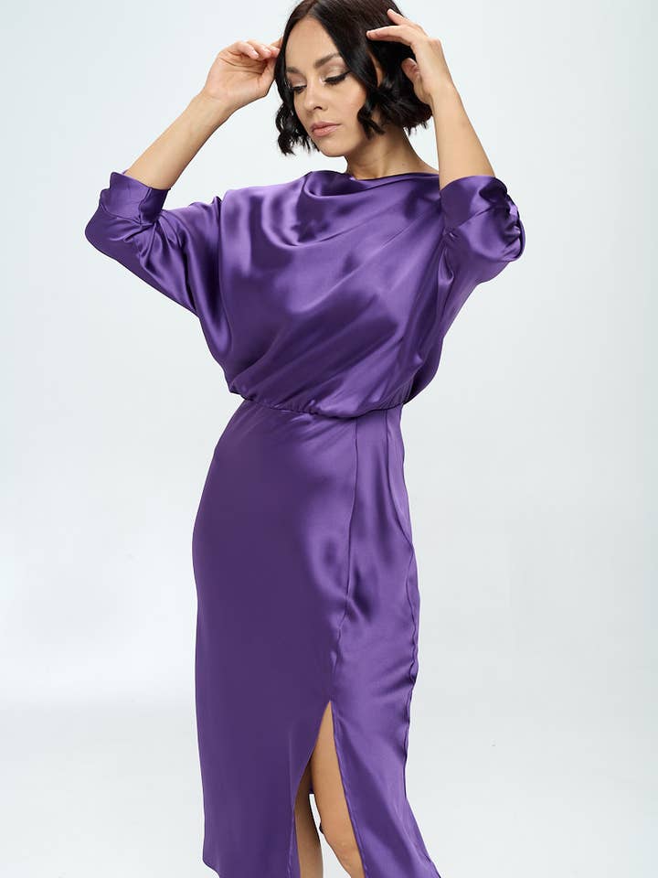 Made in USA Stretch satijnen print jurk met 3/4 mouwen en split voor wholesale door Renee C.