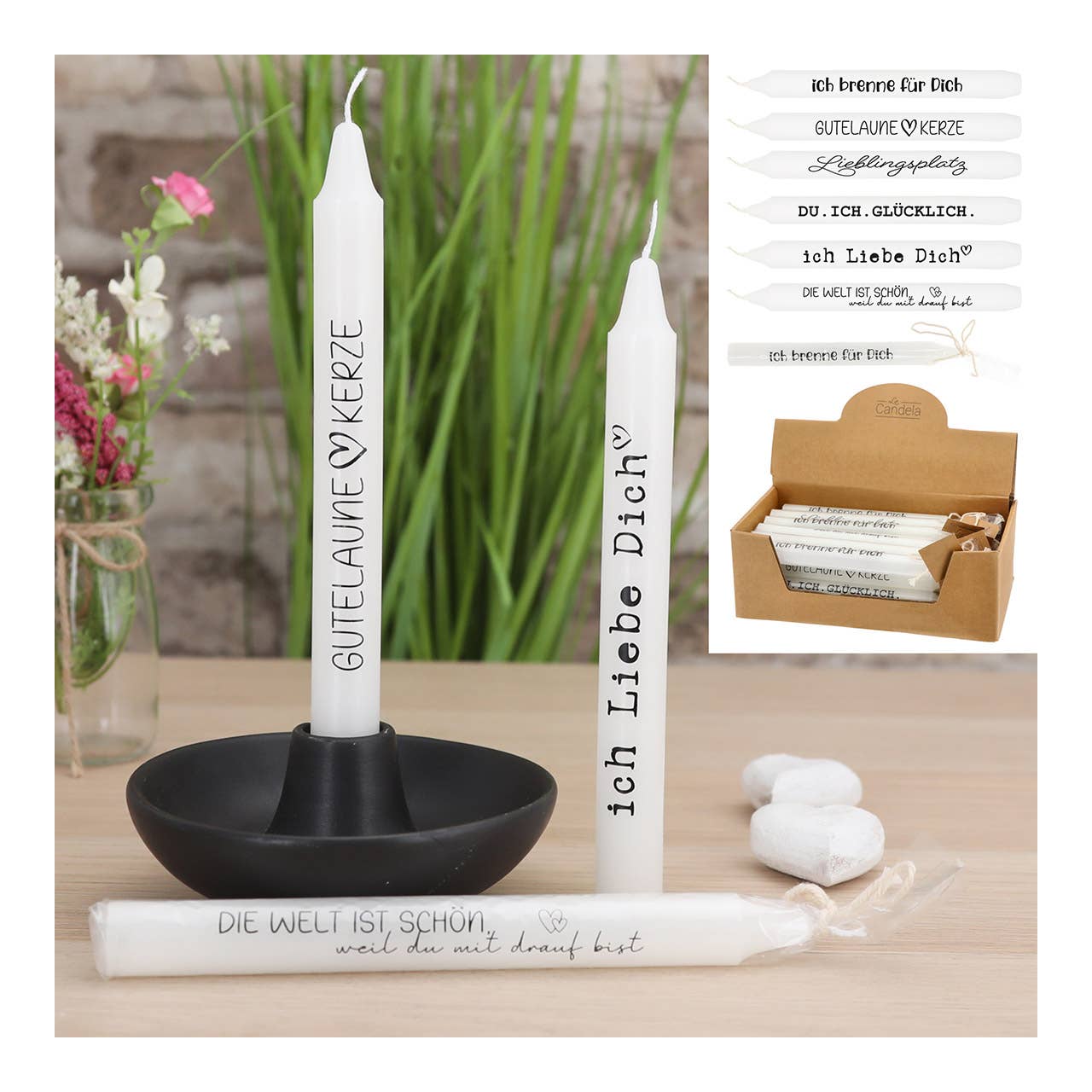 Wurm - Wholesale Tapered Candle/Candlestick - Taper candle with saying, paraffin, made of wax white 6-pack, (W/H/D) 2x19x2cm0
