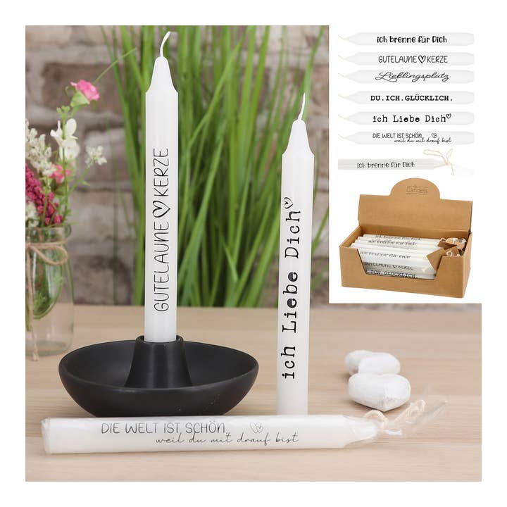 Wurm - Wholesale Tapered Candle/Candlestick - Taper candle with saying, paraffin, made of wax white 6-pack, (W/H/D) 2x19x2cm