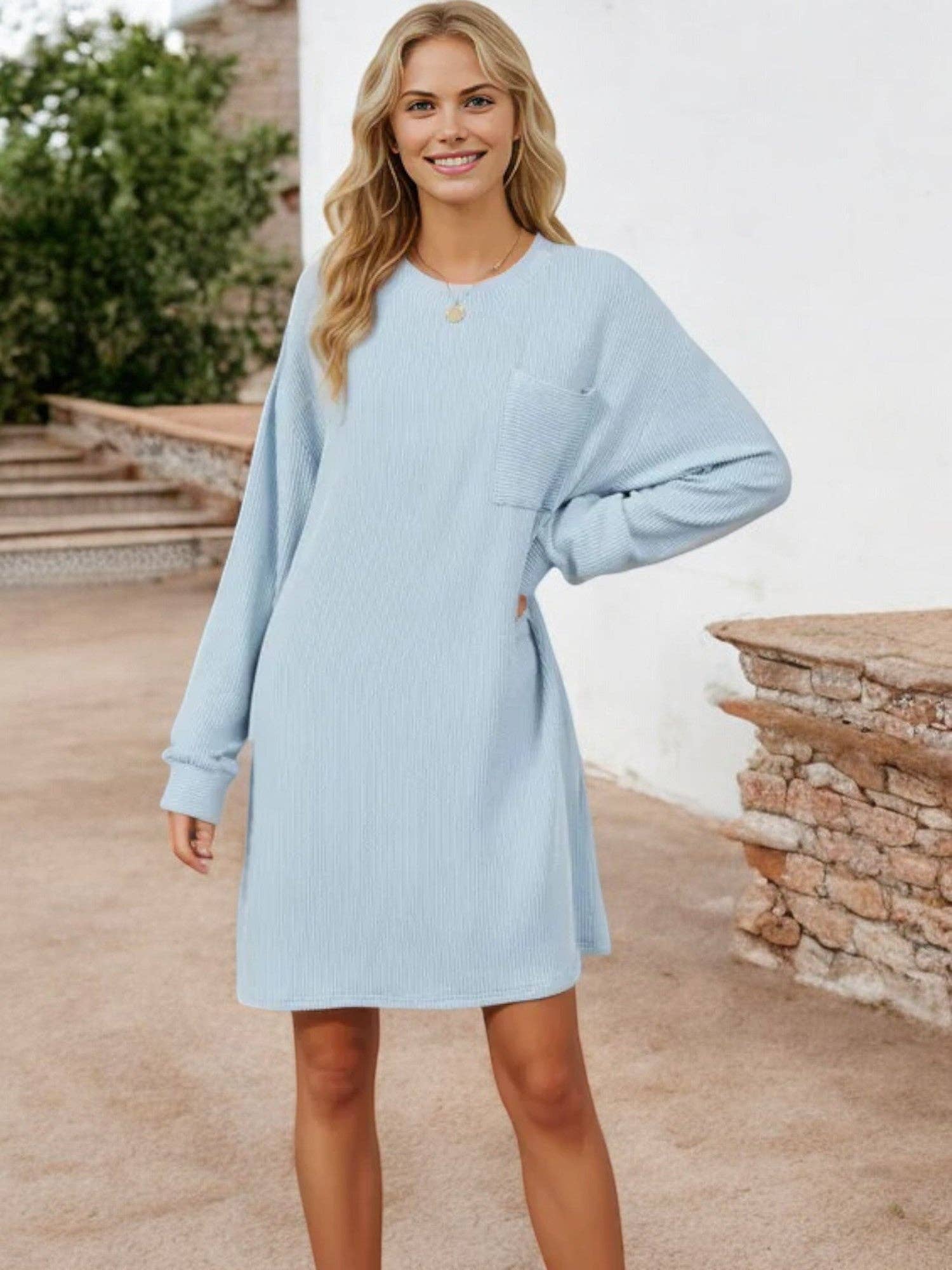 Anna Kaci Wholesale – wholesale Dress – Women's – Long Sleeve Ribbed Knit Dress with Front Pocket Detail9