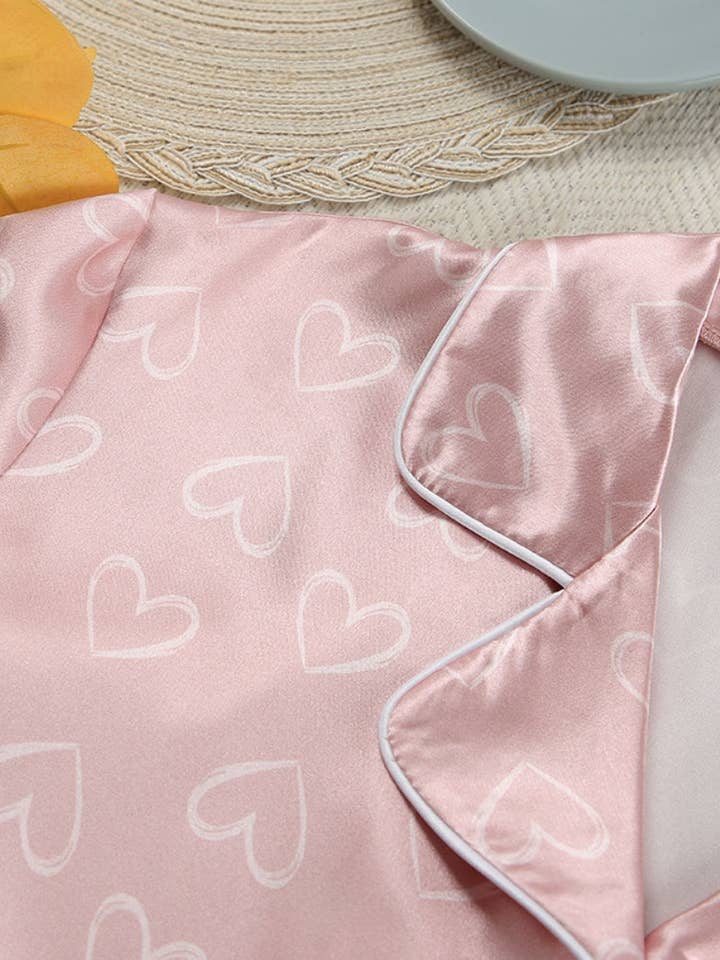 PINK Short-Sleeve Heart-Print Satin Pajama Set for wholesale on Faire3