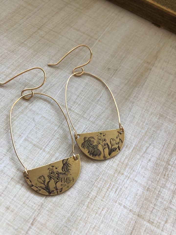 Stamped brass wildflower and hoop earrings for wholesale by Rising Dawn Boutique
