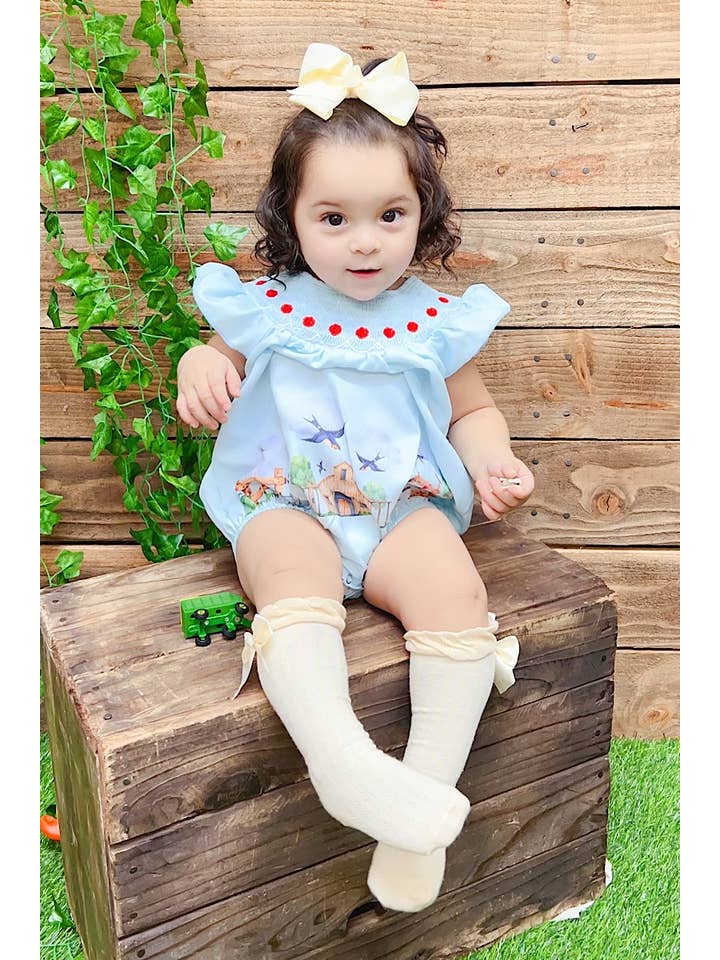 Kids Charm Online - Wholesale Jumpsuit - Baby - BABY BLUE SMOCKED BABY ROMPER W/FARM PRINT. RPG251523020-AMY