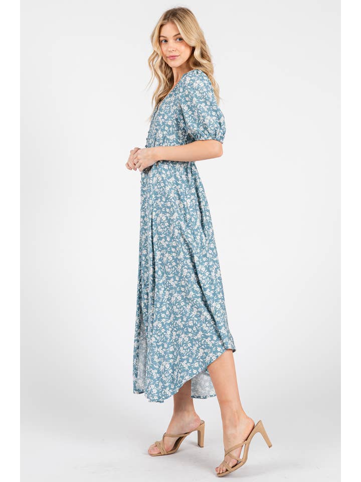 Calista - Wholesale Dress – Women's - SHORT SLEEVE SELF COVER BUTTON DETAIL MIDI DRESS - VD60698