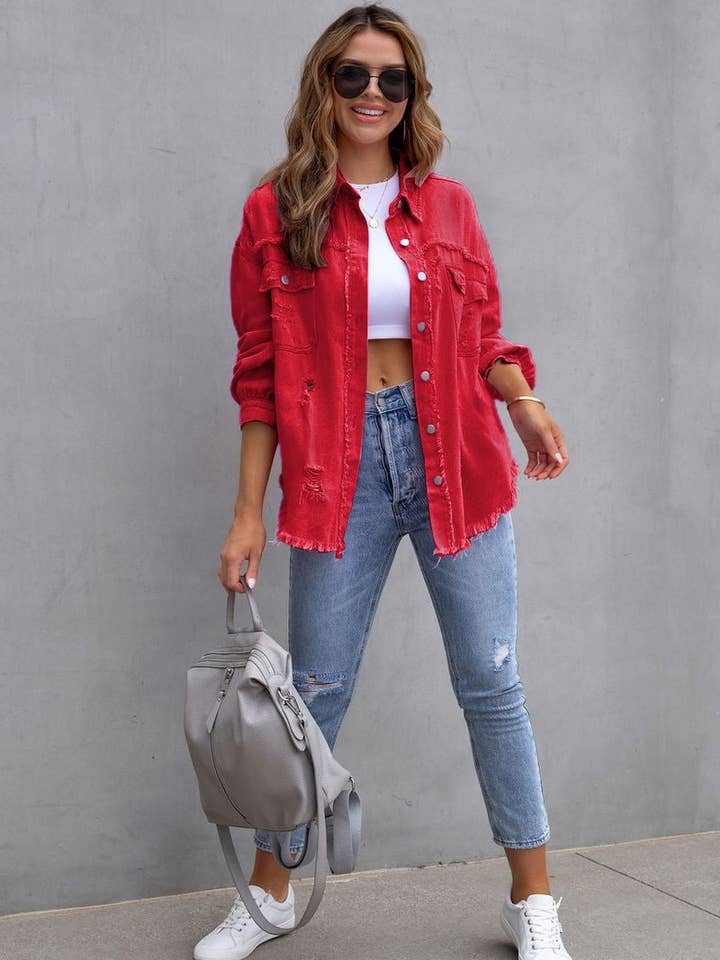 Lily Clothing - Wholesale Denim Jacket - Women's - Old solid color denim coat with lapel and ripped raw edge