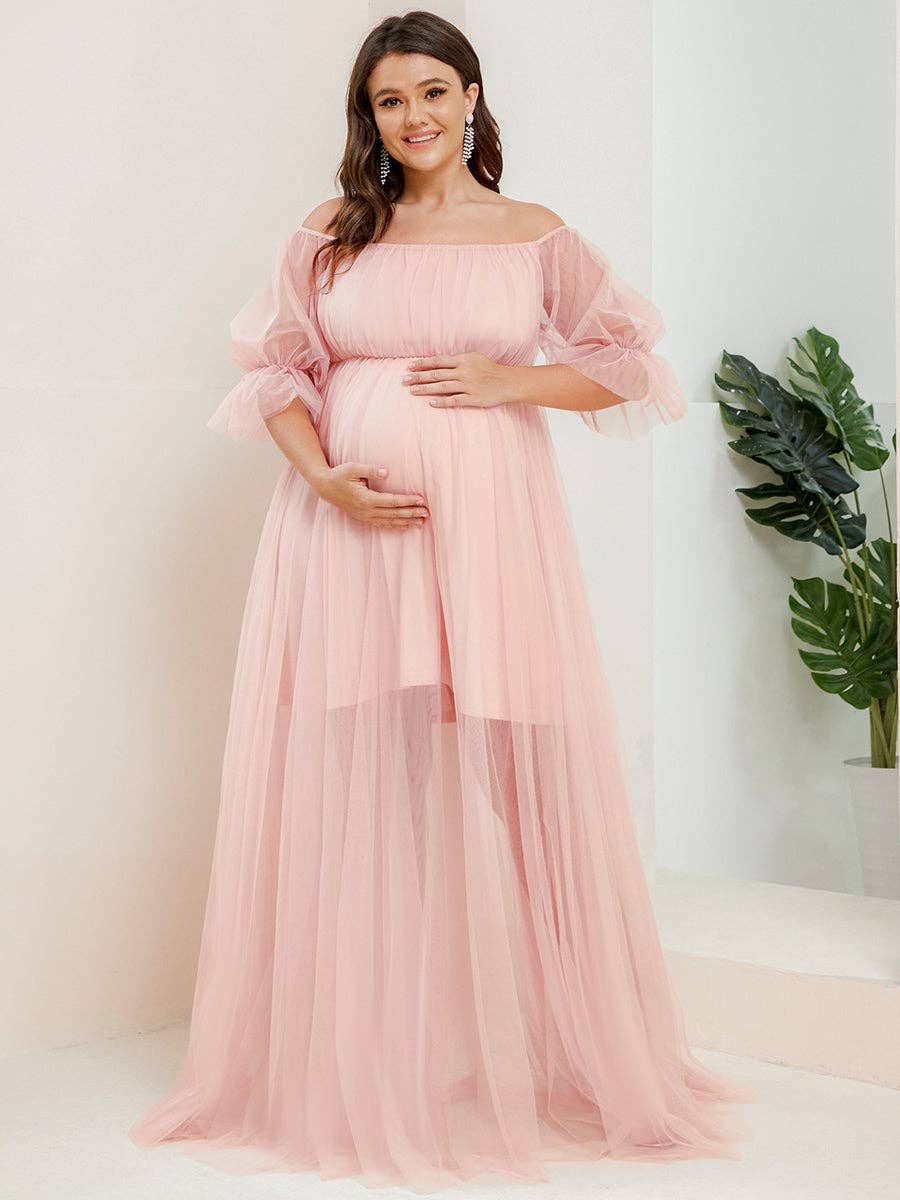 Ever-Pretty - Wholesale Dress - Maternity - Plus Size Puff Sleeves Mesh Maternity Dress5