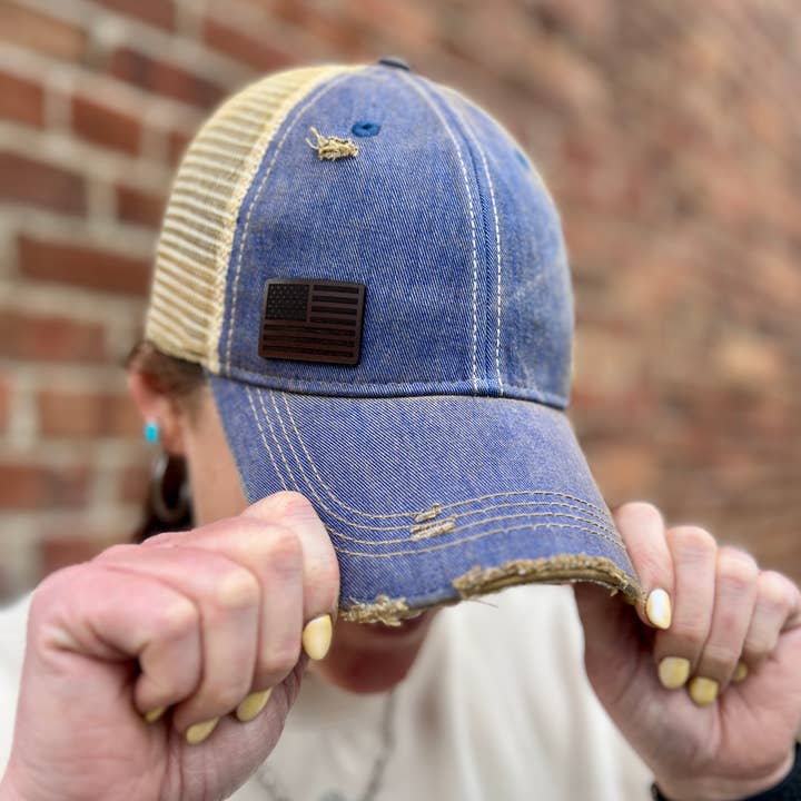 Mini Flag Royal Vintage Washed Distressed Baseball Cap for wholesale by RiOak Design & Hat Co.