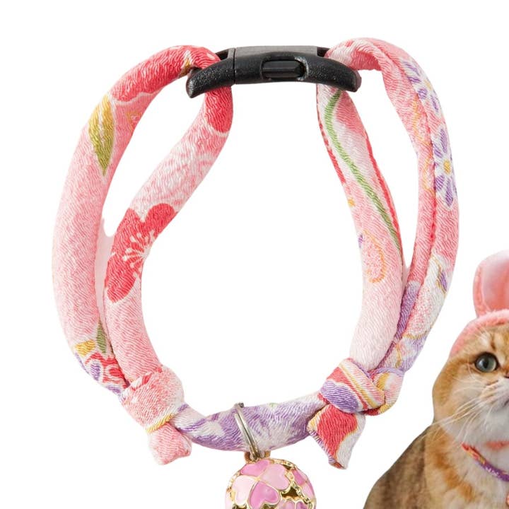 Chirimen Cat Collar with Clover Bell (Pastel Pink) for wholesale by MOON-X USA, INC.