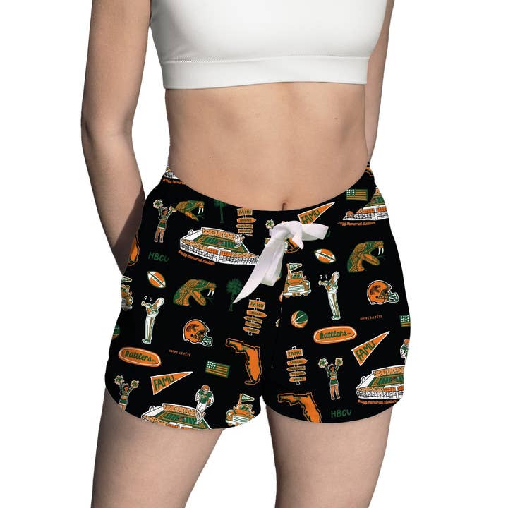 Florida A&M University Rattlers Repeat Print Hand Sketched Vive La Fete Impressions Artwork Womens Black Lounge Shorts for wholesale by Vive La Fete