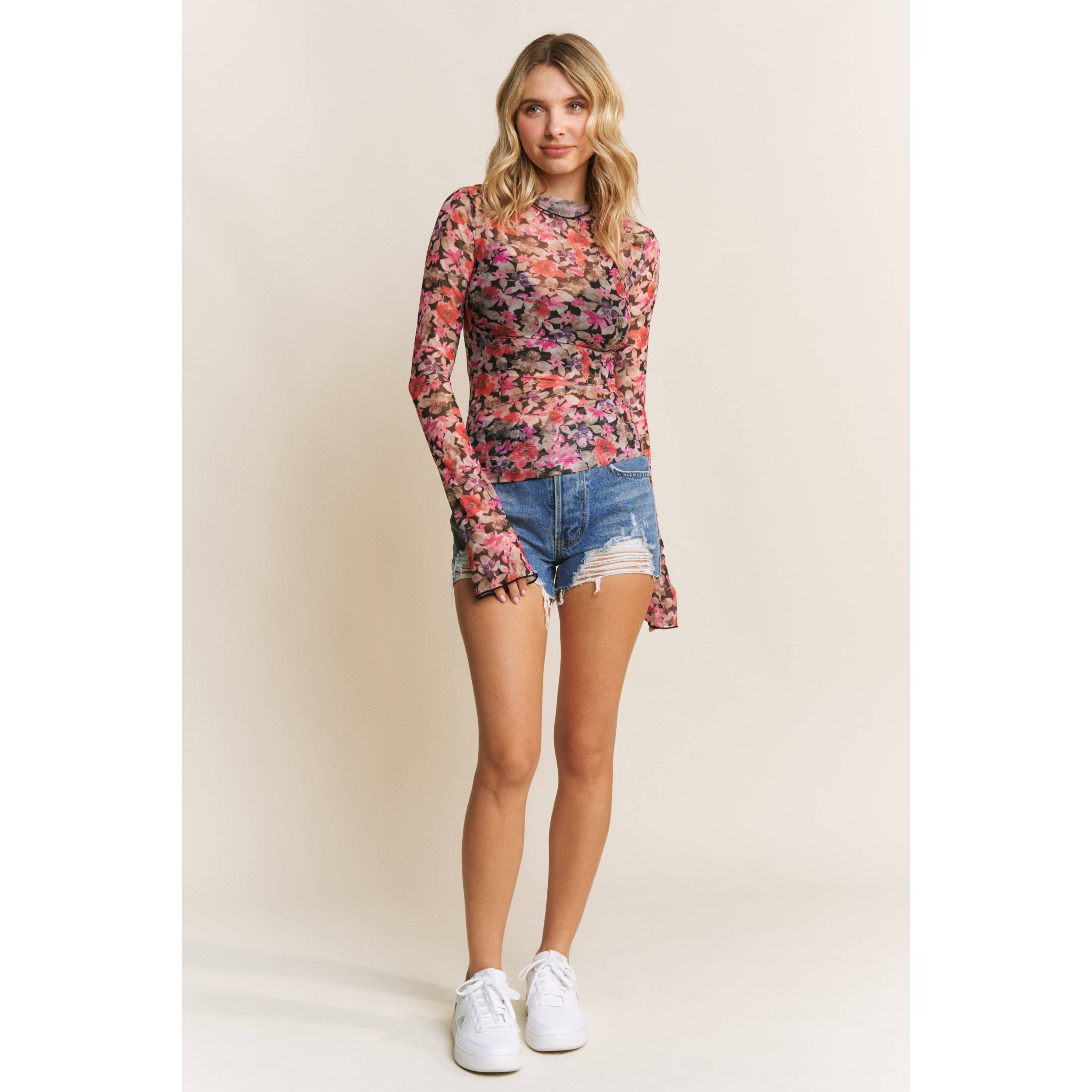Sweet Generis - Wholesale Knit Top - Women's - CUTE FLORAL PRINT MESH HIGH NECK DESIGN LONG SLEEVE FITTED T12