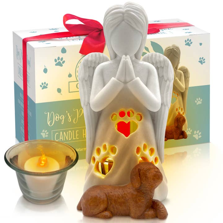 Dog's Praying Angel Candle Holder Statue w/Flickering LED Candle for wholesale by OakiWay