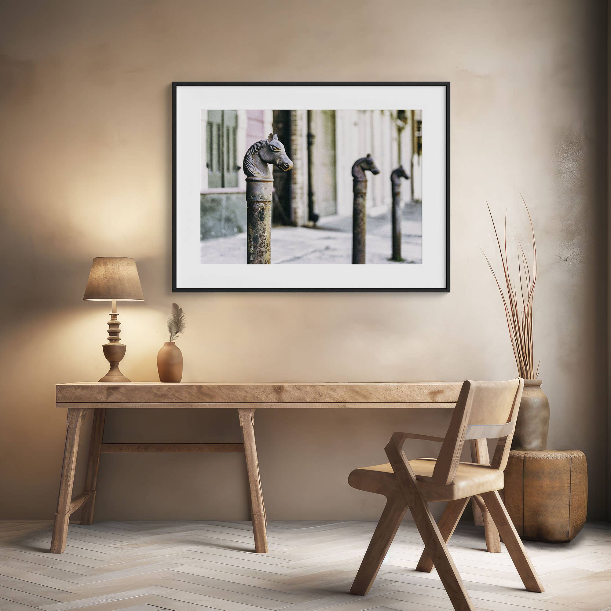 Lisa Russo Fine Art - Wholesale Art Print - New Orleans Black and White Horse Head Hitching Posts Print3