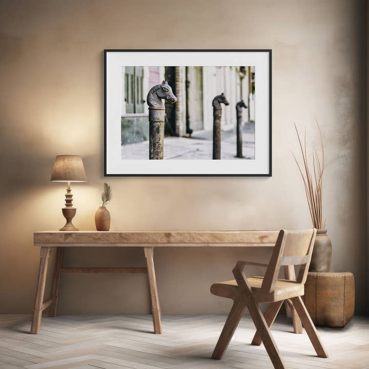Lisa Russo Fine Art - Wholesale Art Print - New Orleans Black and White Horse Head Hitching Posts Print3